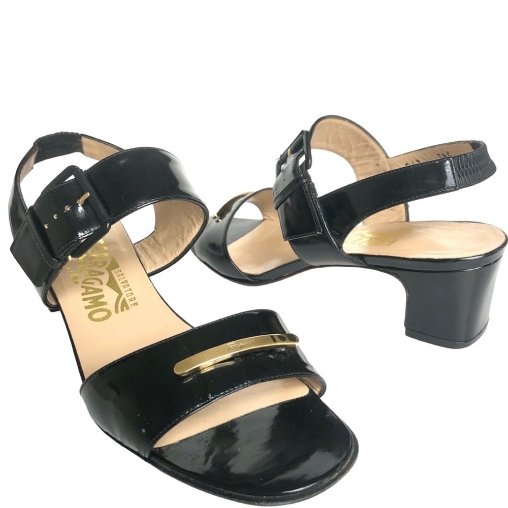 Salvatore Ferragamo Black Patent Leather Heeled Sandals Women’s Size 7.5 - Picture 7 of 12